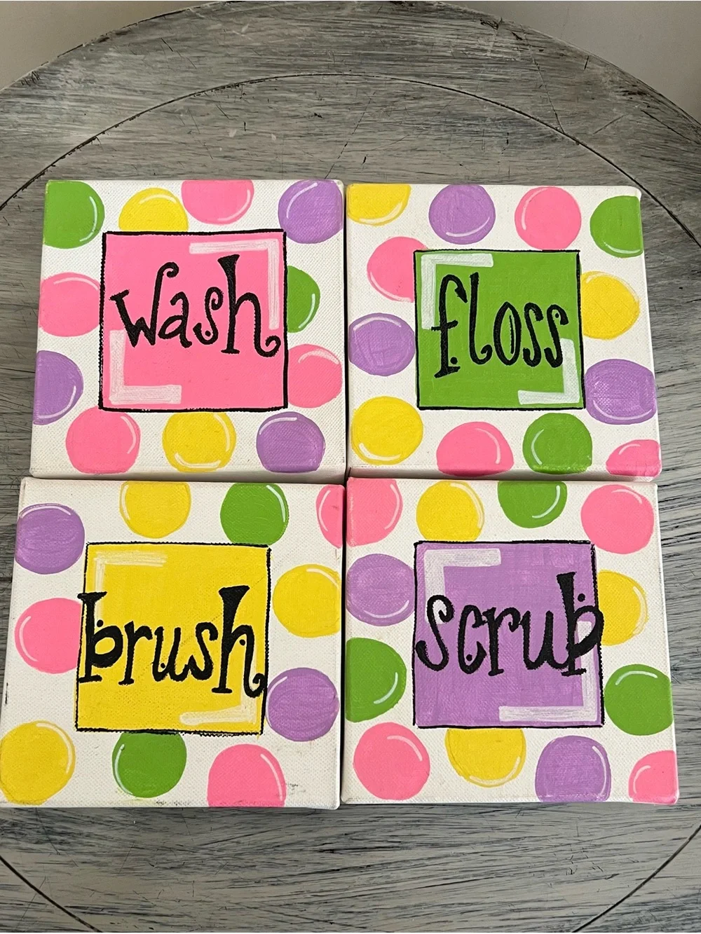 Set of 4 Bathroom Canvas Wall Art Set - Polka Dot/Colorful 9x9”